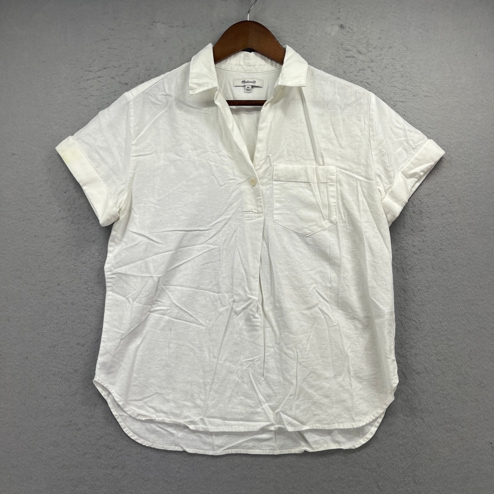 Madewell Shirt Womens XS White Central Popover Short Sleeve Linen Cotton Coastal
